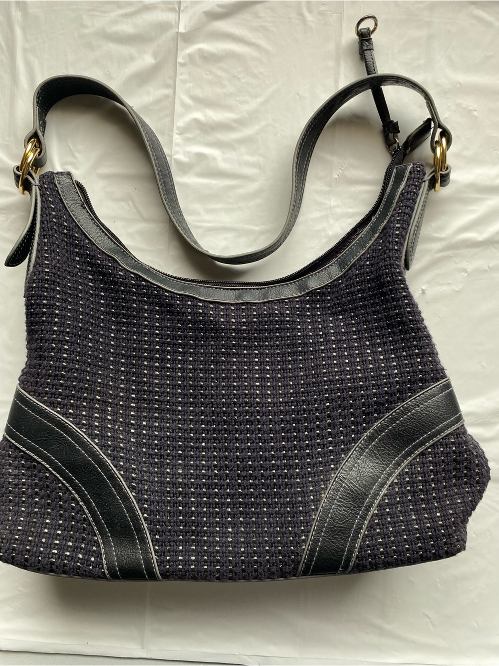 Vintage Black Tweed Hobo Shoulder Bag Faux Leather Corner Trim Gold Loops